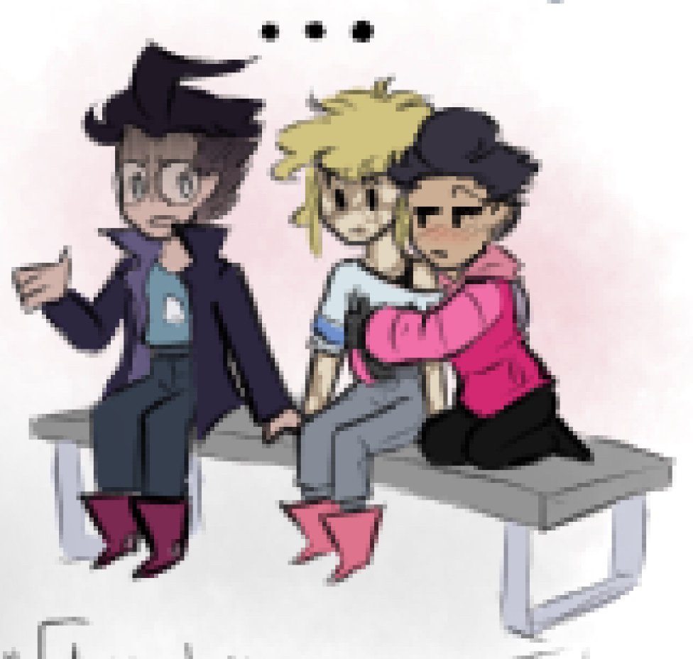 dib, ely, and zim sitting on a bench. zim is hugging ely, and dib is absolutely horrified.