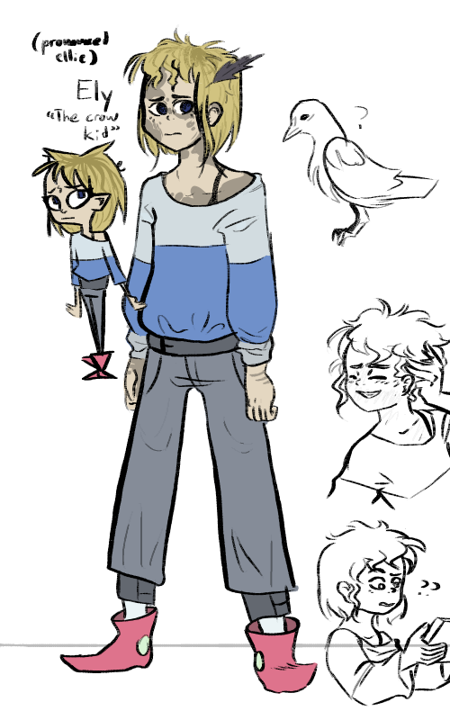 a first concept of ely. they have flatter hair, longer sleeves, and a black feather in their hair.