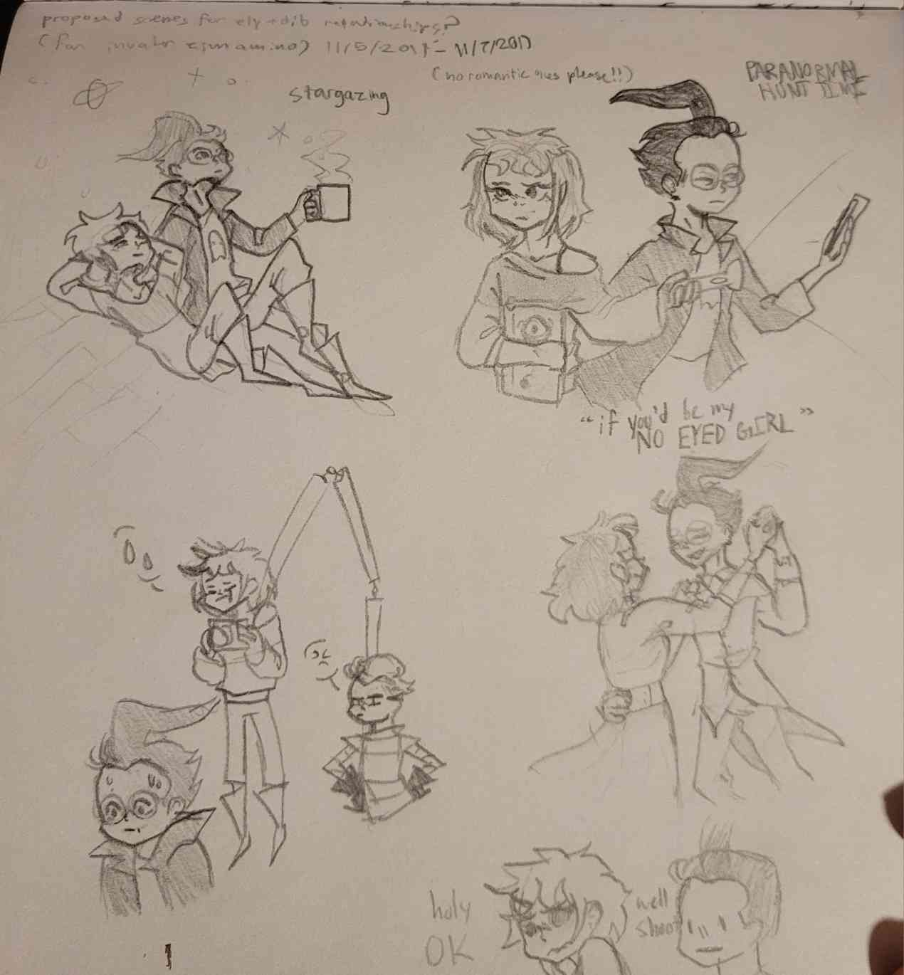 old art of dib and ely hanging out. they stargaze on a roof, investigate with a flashlight and tome, get caught taking pictures of zims base, and dance at prom.