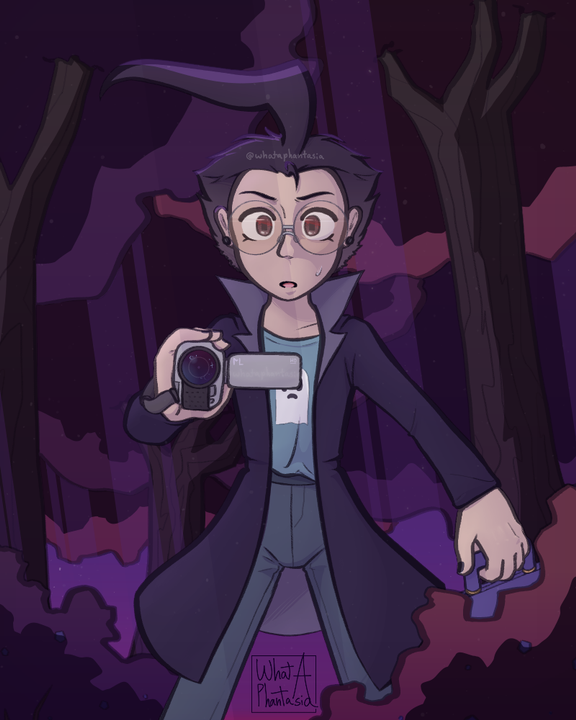 dib stands shocked, holding a camcorder up to the viewer. he is in a wooded area, having sprung up from the underbrush.