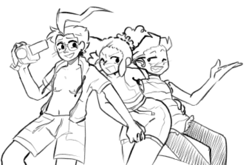 dib, ely, and zim in swimwear, holding hands. dib wears an open jacket and trunks, ely has a sleeveless top and shorts, and zim has a frilly one piece.