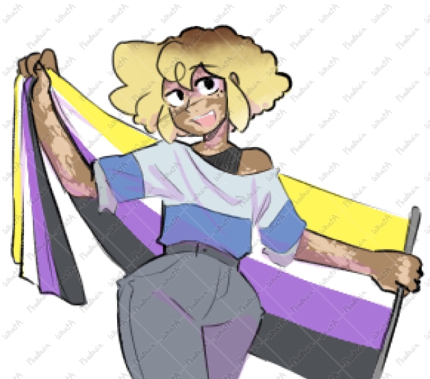 ely standing happily with a non-binary pride flag draped wide behind their shoulders.