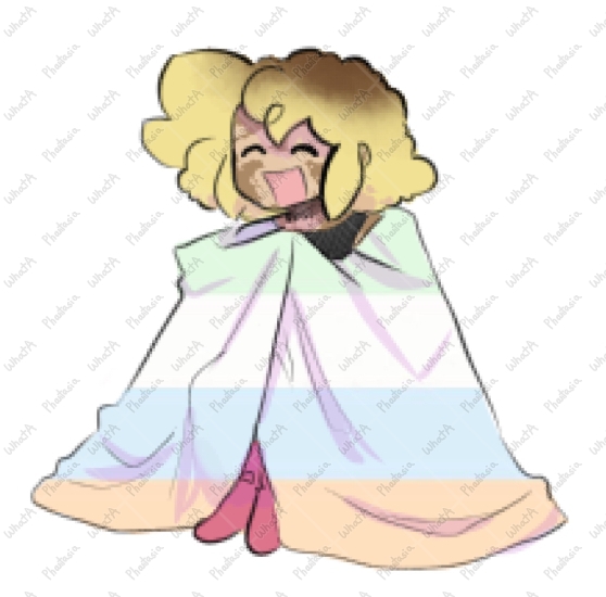 ely sitting happily, draped in a cozy unlabeled pride flag.