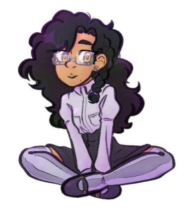 a drawing of phantasia's sona. ne is sitting with her legs criss-crossed, and ne is wearing a white button up, a black skirt, black and white striped socks, and black mary janes. ne smiles at the viewer through neir grey-framed glasses.